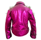 Heavy Motorbike Long Spiked Jacket, Handmade Pure Leather Pink Jacket, Silver Spike Studded Punk Jacket, Bikers Fashion Brando Jacket,